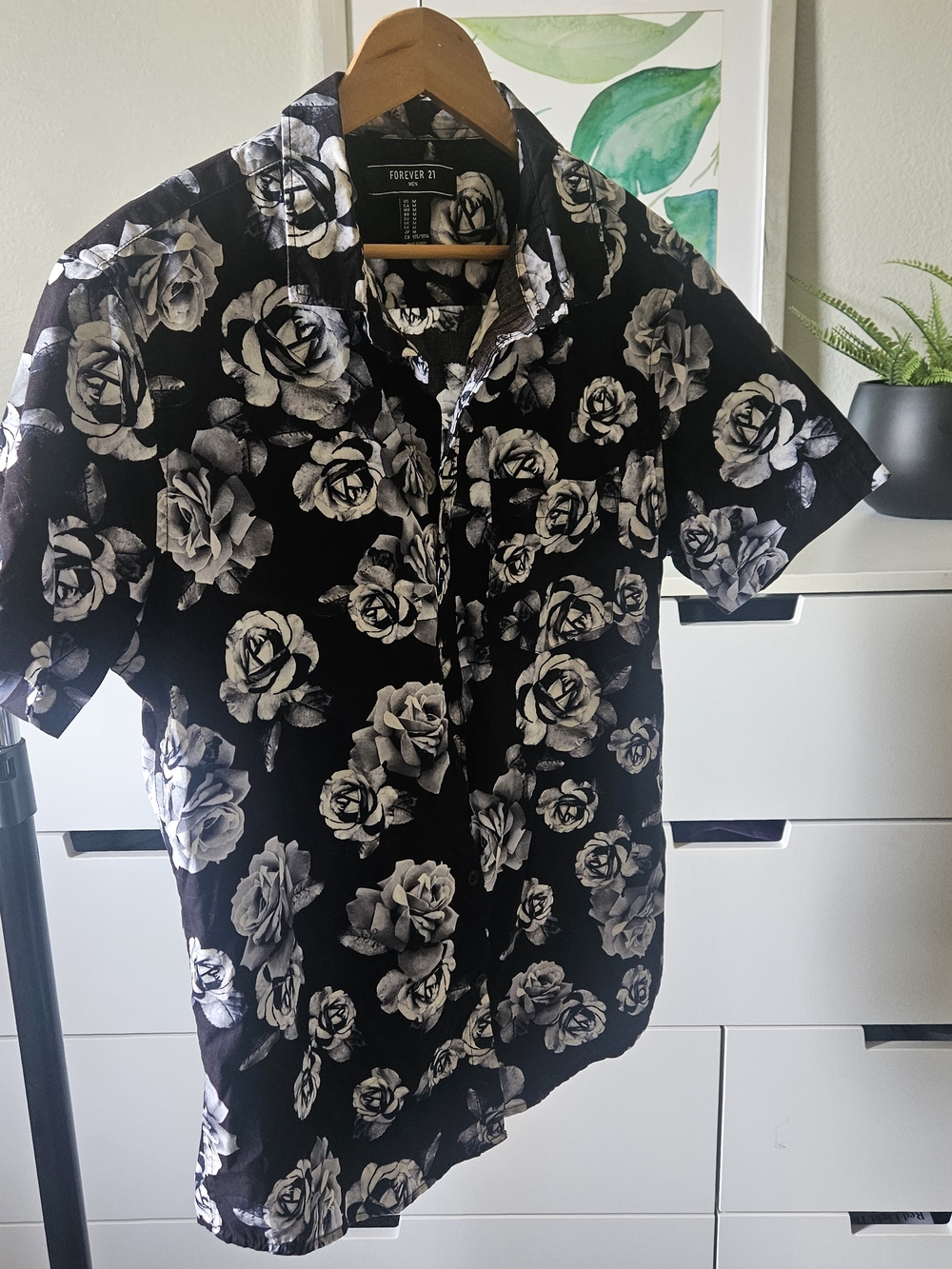 Forever 21 Black Shirt with White Rose Floral Print